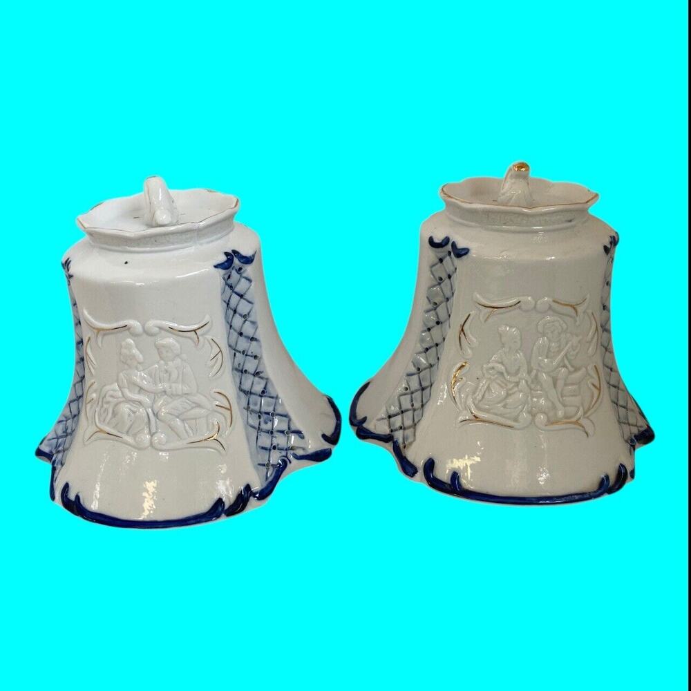 VTG Pair Victorian Porcelain Vanity Lamp Shades, Blue & White, SHADES ONLY